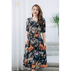 Đầm xòe thiết kế trung niên cao cấp sang trọng Cổ tim sóng nước tay lỡ màu Đen họa tiết TTV STORE TTV1336