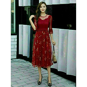 ĐẦM XÒE REN LƯỚI DẬP LY CHÂN VÁY ĐÍNH BƯỚM KIM SA