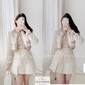 Set dạ tweed nhũ viền màu vàng đồng siêu xinh - December Fashion