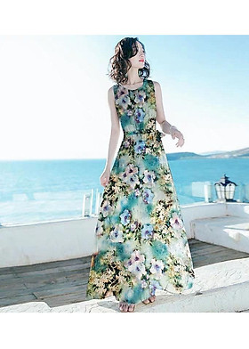 Đầm maxi hoa lụa dáng dài vintage siêu sang, Váy maxi dn20mx01