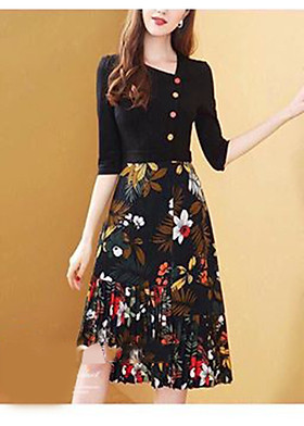 đầm xòe chân váy hoa phối nút