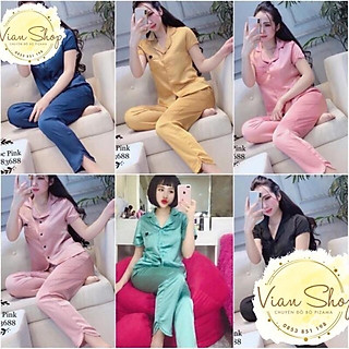 Bộ đồ pijama lụa, bộ lụa cộc tay quần dài viền bèo nơ túi xinh xắn