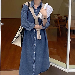 Váy sơ mi jean nữ dáng dài cộc tay, đầm sơ mi nữ form rộng phong cách u