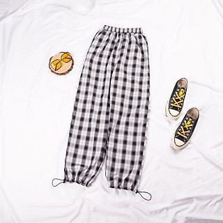 Quần Kẻ Caro Nữ, Quần Caro Trắng Đen Bo Gấu Rút Dây