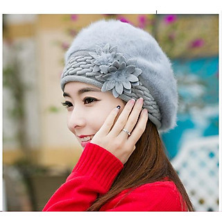 Mũ nồi beret len lông thỏ gắn hoa đôi thời trang nón bánh tiêu len cao cấp