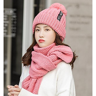 Bộ mũ nón len nữ kèm khăn cao cấp màu hồng phấn