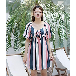 Đầm chít eo nữ Callia Yuko tay phồng (Sọc hồng) - Hàng chính hãng