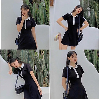Đầm polo đen viền cổ trắng