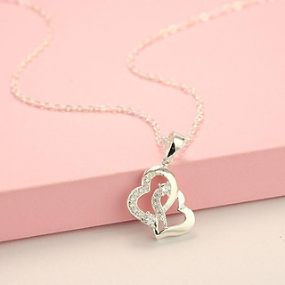 Dây chuyền, vòng cổ bạc nữ mặt trái tim đôi đính đá dễ thương DCN0445