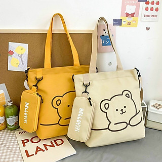 Túi vải canvas hình gấu tặng kèm ví đeo