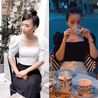 Áo cổ vuông tay phồng thanh lịch có 2 màu, có size, có ảnh thật