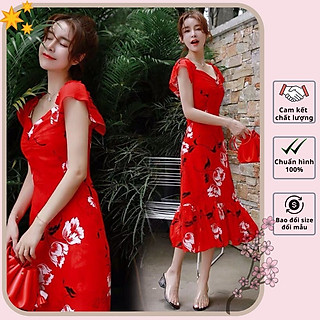 Đầm xòe hoa cổ vuông màu đỏ lai bèo siêu xinh - VN051851
