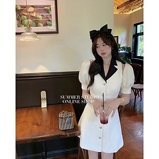 ĐẦM TRẮNG CỔ VEST VIỀN ĐEN TAY BỒNG