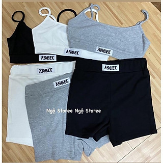 Set bộ thể thao quần đùi cạp cao tập nhảy, gym màu đen trắng ghi