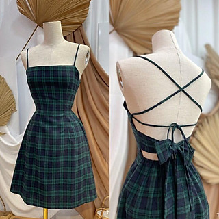 Đầm caro xòe 2 dây hở lưng Freesize