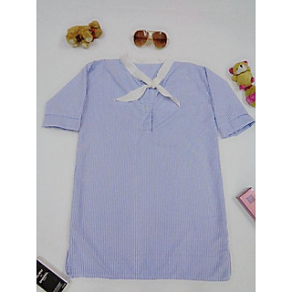 ĐẦM SUÔNG SỌC THẮT NƠ KIỂU SƠ MI XẺ TÀ