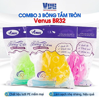 Combo 3 Bông tắm tròn Venus BR32-Tạo bọt nhiều, tấy da chết, thẩm thấu sữa tắm nhiều,massge thư giãn (Giao màu ngẫu nhiên)