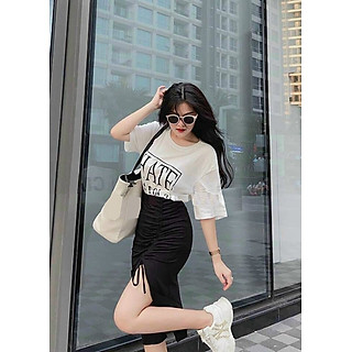 Set Áo Và Chân Váy Thun Xẻ Tà Rút Dây Duyên Dáng