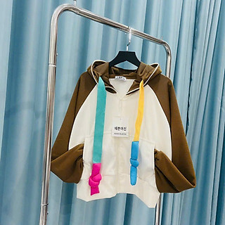 Áo Khoác Nỉ Nữ Kiểu Lửng Màu Trắng Phối Tay Khác Màu Mũ To, Dây Bản lớn Thắt Rút Chất Nỉ Mềm Mịn Phong Cách Thời Trang Hàn Sành Điệu, Áo Khoác chống nắng Thun Gân Len Tăm Phối Màu Dây To Cầu Vòng Quảng Châu Mịn Mát Tôn Dáng