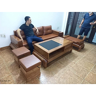 Bộ bàn ghế phòng khách, sofa 5 món gỗ sồi chân đùi gà kết hợp 2 đôn- Đồ Gỗ Mạnh Hùng