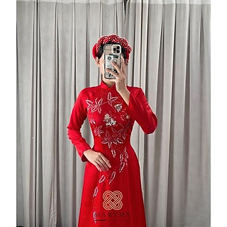TN26 Áo dài đỏ kết hạt họa tiết lụa tằm ướt cho cô dâu sự kiện đẹp