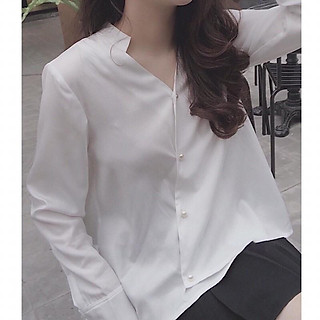 Áo sơ mi trắng cổ trụ lệch tà freesize