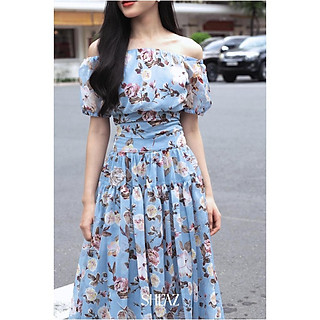 SHEAZ Set đầm dài tơ hoa xanh, đầm trễ vai, phong cách Hàn Quốc