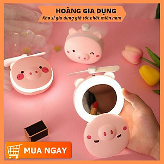 Quạt Mini Tích Điện Cầm Tay USB Để Bàn Hình Heo Kèm Gương Có Đèn H075