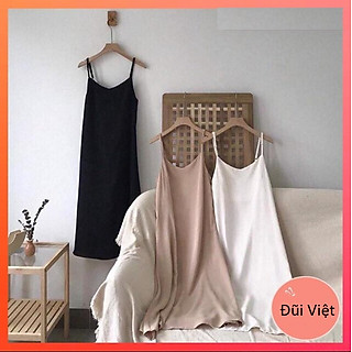Váy 2 dây, đầm suông-chất đũi lụa trơn basic nữ