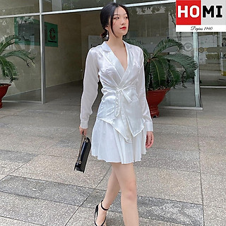 Áo sơ mi lụa cổ vest dây cột eo trắng