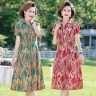 Đầm cổ sơ mi phong cách phương tây đầm trung niên mùa hè