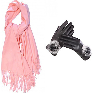 Khăn len quàng cổ nữ tặng kèm găng tay lót nỉ ( Hồng)