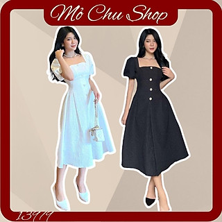 ĐẦM XÒE CỔ VUÔNG GẤM TAY PHỒNG PHỐI NÚT  13979