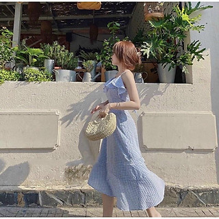 Đầm Cổ Yếm Bèo Lệch Tà Váy Dáng Xoè Caro Xanh