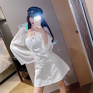 Đầm tiểu thư đính ngọc mix tay áo voan 2021