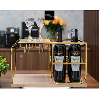 KỆ RƯỢU MINI INOX VÀNG GOLD BO CONG CÓ ĐẾ GỖ CAO CẤP