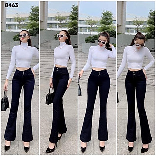 Quần Jeans Ống Loe Dài Lưng Cao 2 Nút Màu Trắng Đen