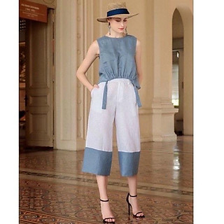 Set bộ linen đi chơi áo tay cộc và quần ống rộng dáng lửng trẻ trung
