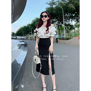 Set áo voan dập ly bèo 3 lớp có mút và chân váy xẻ tà