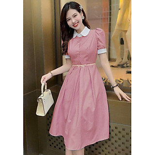 Đầm sọc dễ thương phối viền cổ trắng