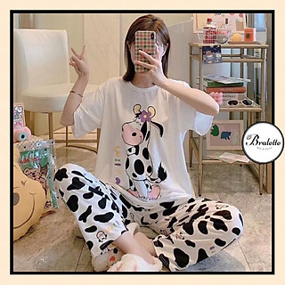 Bộ đồ ngủ mặc nhà thun hình Con Bò sữa, Snoopy, Gấu Pooh- Set đồ mặc nhà áo cộc màu trắng siêu yêu B049