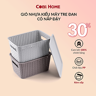 Giỏ nhựa mây tre đan đựng đồ có nắp đậy, giỏ đựng đồ đa năng, rổ nhựa (28.5*20*13.8cm)