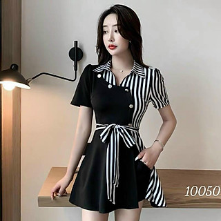 Set bộ vest sơ mi nữ quần ngắn mặc nhà dạo phố sọc đen thắt dây