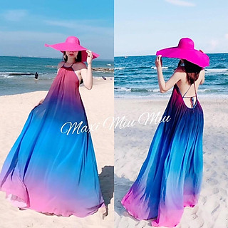 Đầm maxi đi biển váy dạo biển loang màu cổ yếm maxi váy dáng dài đi chơi đám cưới, du lịch sang chảnh cao cấp PVC