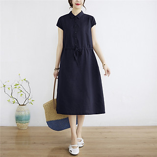 Đầm linen dáng suông rút eo, tay hến 2 túi sườn