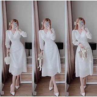 Đầm nữ dự tiệc màu trắng dáng xòe cổ V