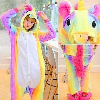 Combo Bộ đồ ngủ kỳ lân unicorn cầu vồng kèm dép cho bé và người lớn