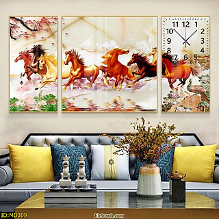 Đồng Hồ Trang Trí Bộ 3 Bức Tám Con Ngựa Phi Nước Đại Dũng Mãnh - Tranh Tráng Gương Cho Người Tuổi Ngọ Phong Thủy