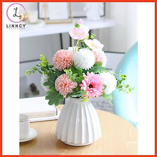 Hoa giả, bình hoa lụa cao cấp cúc pingpong mix đồng tiền trang trí nhà cửa, cửa hàng, văn phòng, lớp học