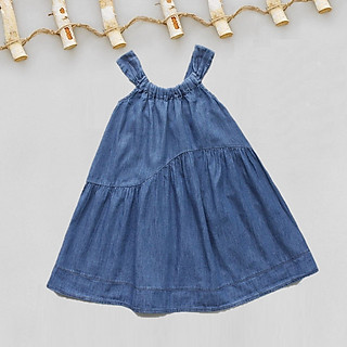 G00000613 (27-38kg) Đầm váy maxi jean xanh 2 dây bản to bé gái, chất jean giấy mềm mát